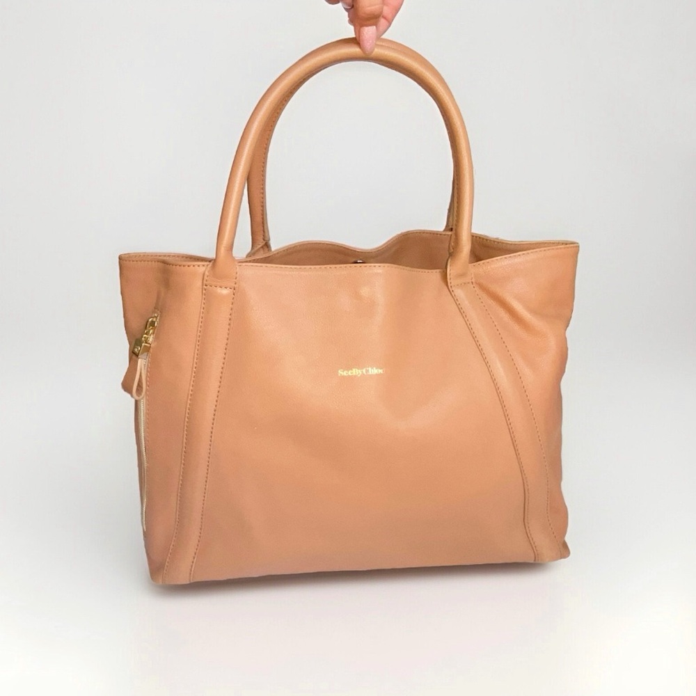 SEE BY CHLOE TAN BROWN LEATHER HARRIET TOP HANDLE SIDE ZIPPER HOBO TOTE PURSE